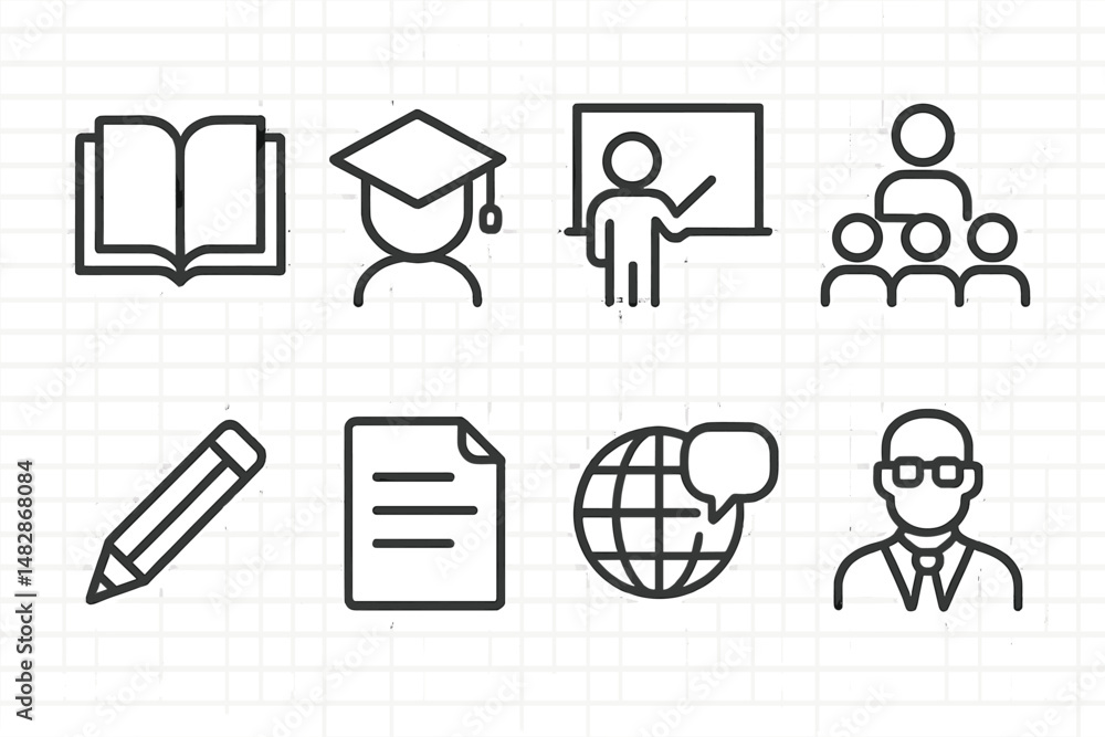 Poster educational icons representing learning, teaching, and global communication in a classroom environme
