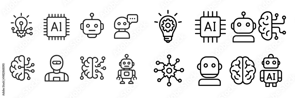 Poster icons representing artificial intelligence technology and its various applications in modern systems