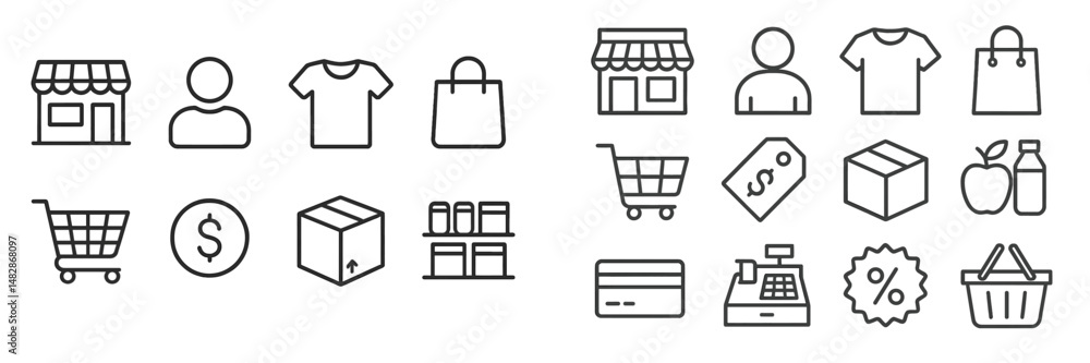 Poster Shopping icons represent various retail activities and transactions in a minimalist style using black and white graphics