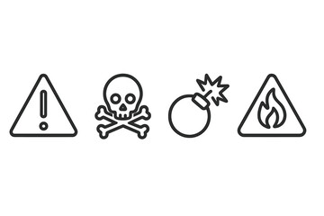 Warning symbols indicating hazards and dangers in various scenarios and environments