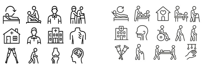 Fototapeta premium Health care symbols representing patient care, medical professionals, and rehabilitation activities in a modern style