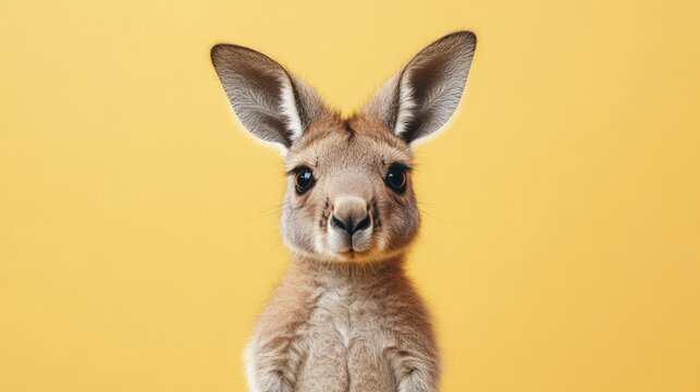 
Lindo retrato de cuerpo entero de un canguro beb&eacute; sobre un fondo amarillo claro para la educaci&oacute;n sobre la vida silvestre y la protecci&oacute;n de los animales.