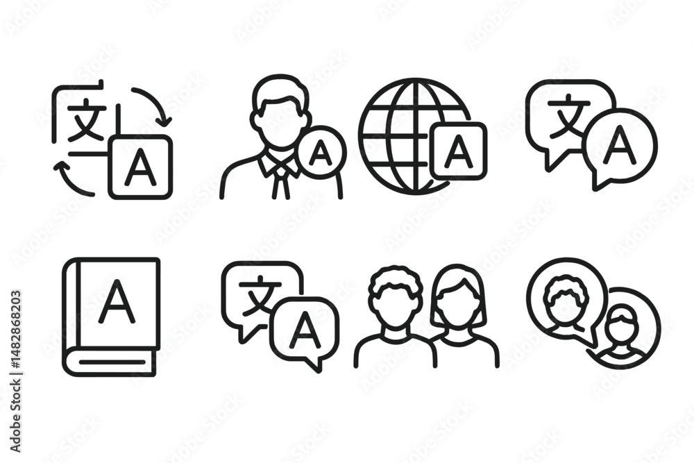 Poster icon illustrations of translation and communication in various contexts showcasing global connectivi