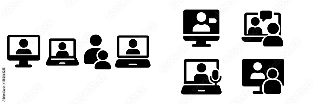 Poster digital communication methods show virtual meetings and connections through screens during modern re