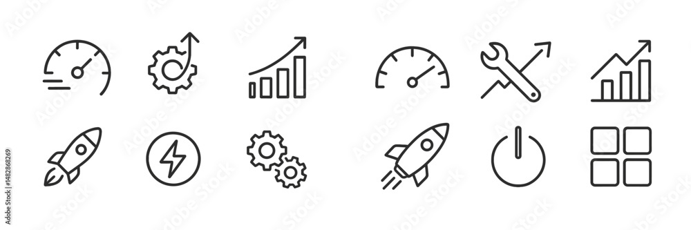 Poster collection of simple line icons representing technology, analytics, and development concepts in a cl