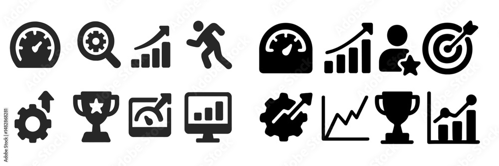 Poster various symbols representing performance metrics, progress tracking, and achievement oriented themes