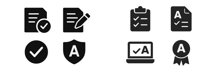 Various icons representing document validation, editing, and quality assurance processes in a digital workspace setting