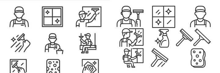 Window cleaning icons representing various tasks and tools used for maintenance in a bright setting
