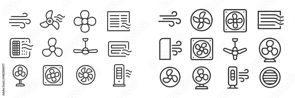 Poster various fan designs and symbols illustrating airflow arranged in a grid layout