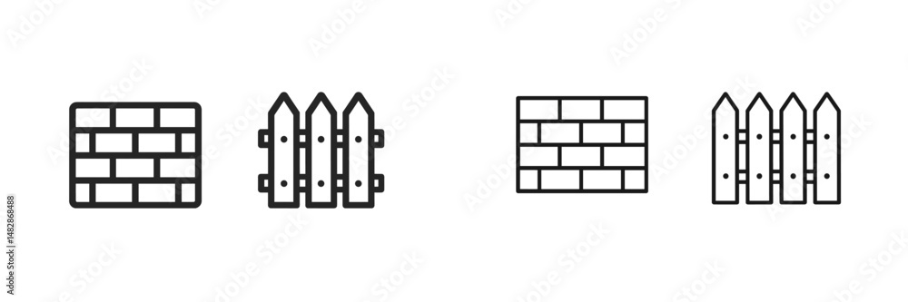 Poster different styles of fences and walls depicted in a minimalist design for construction and gardening 