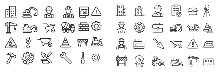 Collection of construction and engineering icons illustrating diverse tools, equipment, and workers in urban development activities