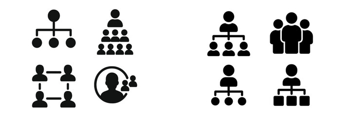 Black icons representing various organizational structures and teamwork concepts on a light background