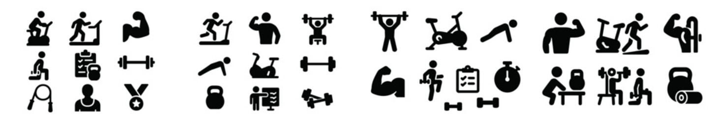 Fototapeta premium Various fitness and exercise icons showcasing different activities and workouts for health enthusiasts in a dynamic layout