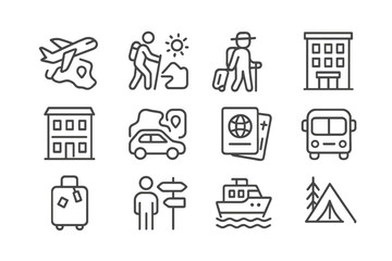 Icons representing travel and adventure activities in a modern design suitable for planning trips and vacations