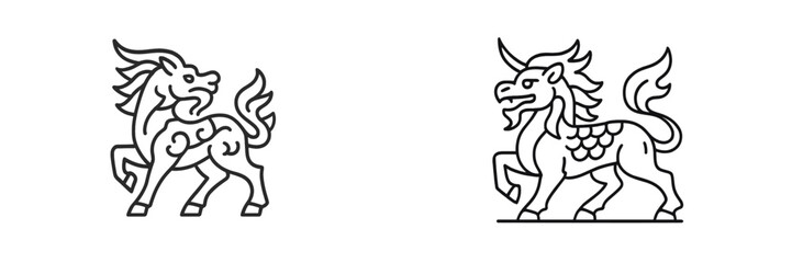 Two stylized mythical creatures with flowing manes showing dynamic poses in a minimalist design