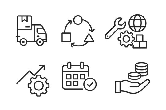 Delivery and logistics icons representing key business processes and operations in an organized system
