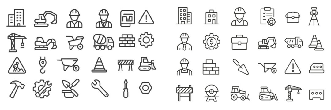 Collection of construction and engineering icons illustrating diverse tools, equipment, and workers in urban development activities