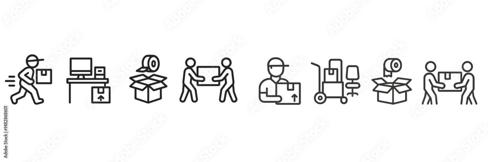 Aufkleber Delivery and packaging processes illustrated with icons representing each step in a shipping workflow