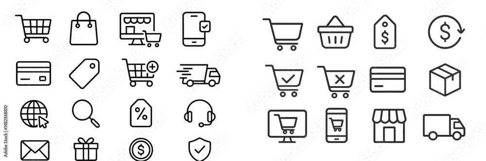 Poster collection of simple line icons representing e-commerce features and shopping activities in a digita
