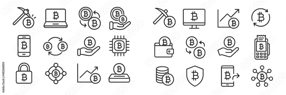 Poster Detailed icons representing various aspects of cryptocurrency and blockchain technology, including mining, transactions, and security measures