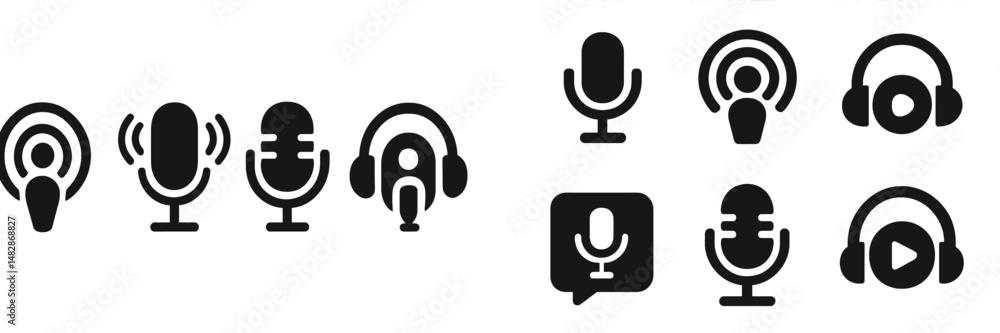 Aufkleber Various microphone and audio icons representing podcasting and recording activities in a minimalist design