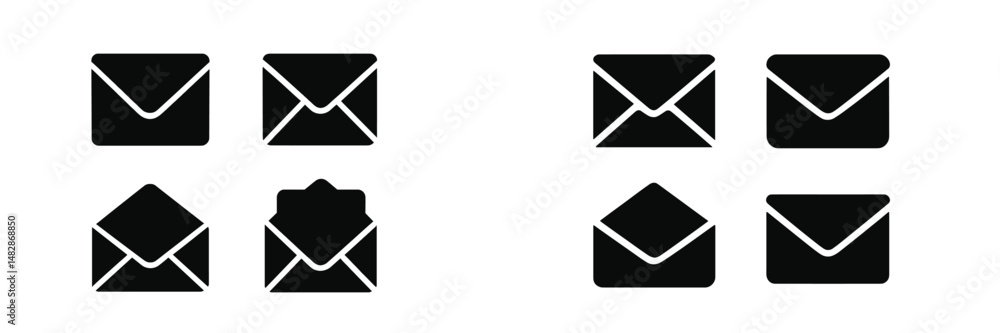 Poster collection of black envelope icons in various styles suitable for digital design on a white backgrou
