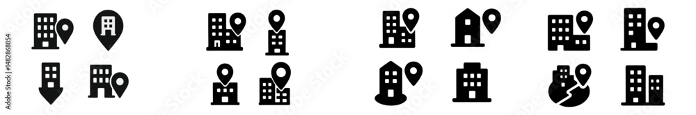 Aufkleber Icons representing various building types and location markers designed for urban planning concepts and real estate applications