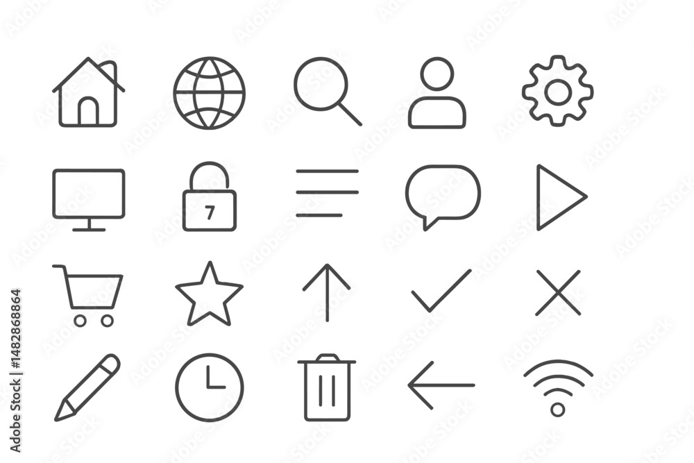 Poster various icons representing common web interface elements in a simple design, ideal for app and websi