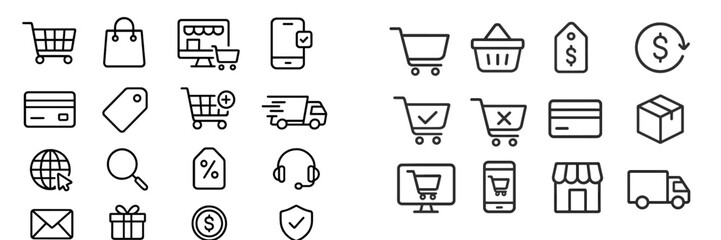 Collection of simple line icons representing e-commerce features and shopping activities in a digital marketplace