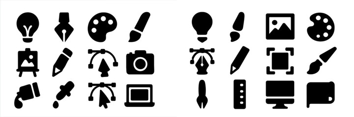 Creative tools and symbols representing art and design processes displayed on a monochrome background