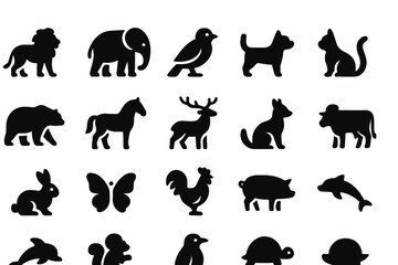 Obraz premium Black silhouettes of various animals arranged in a grid showing diversity in wildlife and pets on a plain background