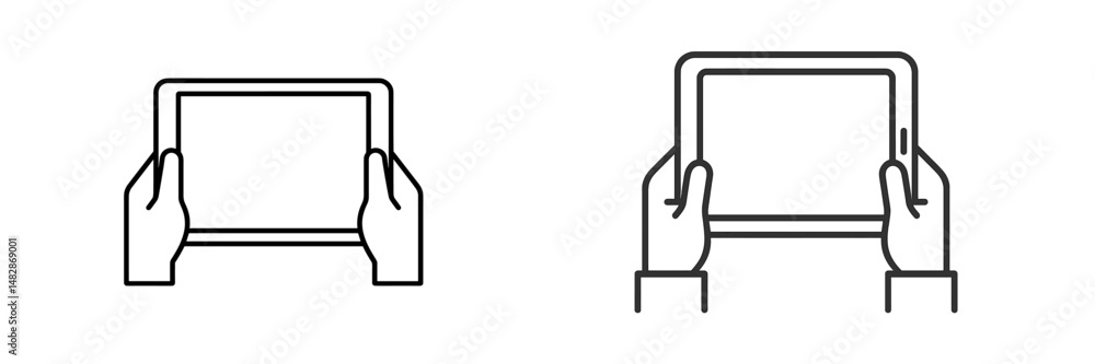 Aufkleber Hands holding a tablet with a blank screen for display or presentation purposes in a minimalistic design