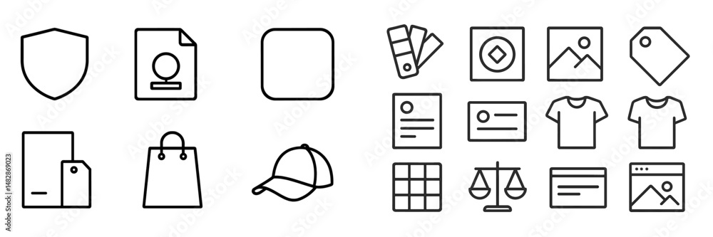 Poster collection of minimalistic icons representing various design and branding elements in a clean layout