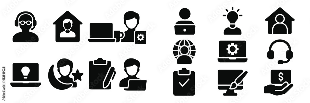 Fototapete icons representing remote work and online collaboration in various styles and functions