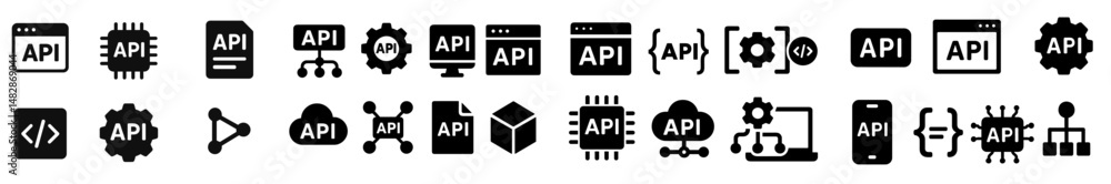 Poster collection of black and white icons representing different aspects of api development and integratio