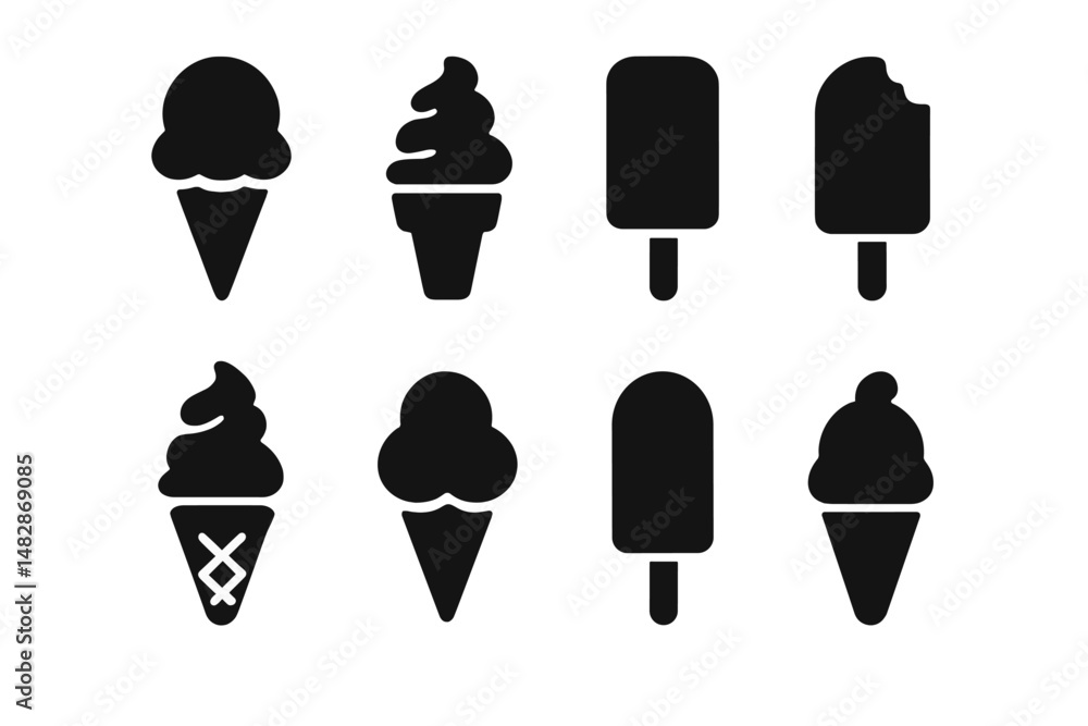 Poster Various ice cream cone and popsicle illustrations in a minimalist style displaying different shapes and designs
