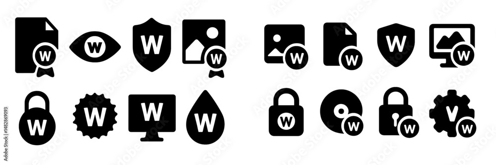 Poster collection of black and white icons representing different digital security and content management f