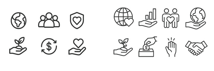 Icons representing global charity, community support, and sustainable development across various initiatives