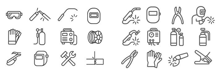 Welding equipment icons illustrating various tools and safety gear used in fabrication during industrial activities