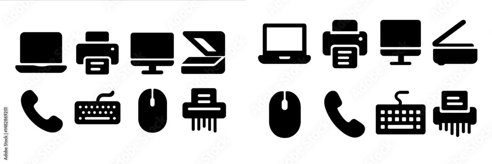 Poster various technology icons illustrating computer and communication devices in a minimalist design suit
