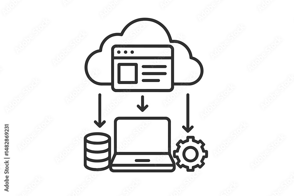 Poster cloud data transfer process to a laptop with a gear symbol representing configuration settings at a 