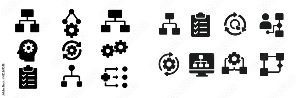 Poster black icons representing workflow, project management, and process optimization in a modern design l