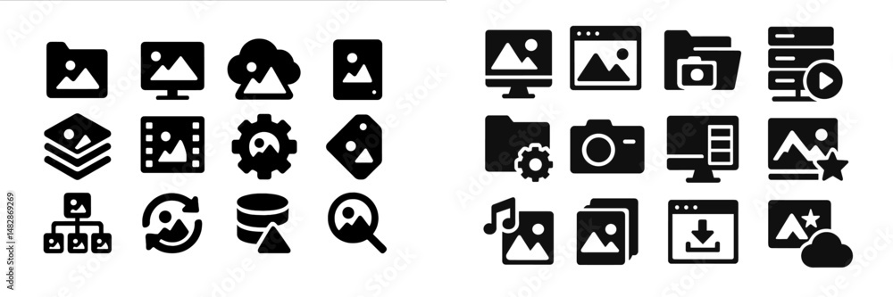 Poster collection of various multimedia icons used in digital design and application development for file m