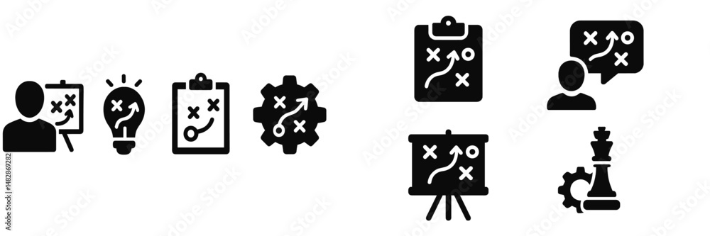 Aufkleber creative strategy icons depicting planning, teamwork, and problem-solving in an office setting