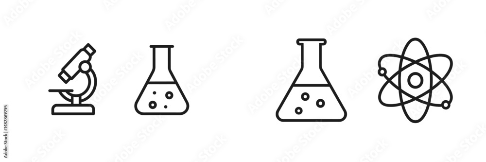 Poster scientific tools used in laboratory experiments with a microscope, flasks, and an atom illustration