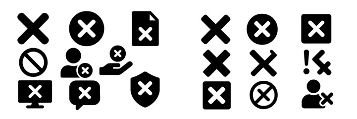 Obraz premium Various black icons symbolizing rejection, prohibition, and negative actions related to technology and social interactions