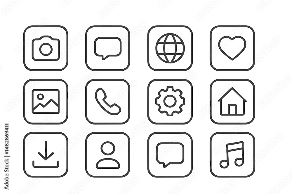 Aufkleber Collection of minimalistic icons representing different communication and multimedia functions for digital applications