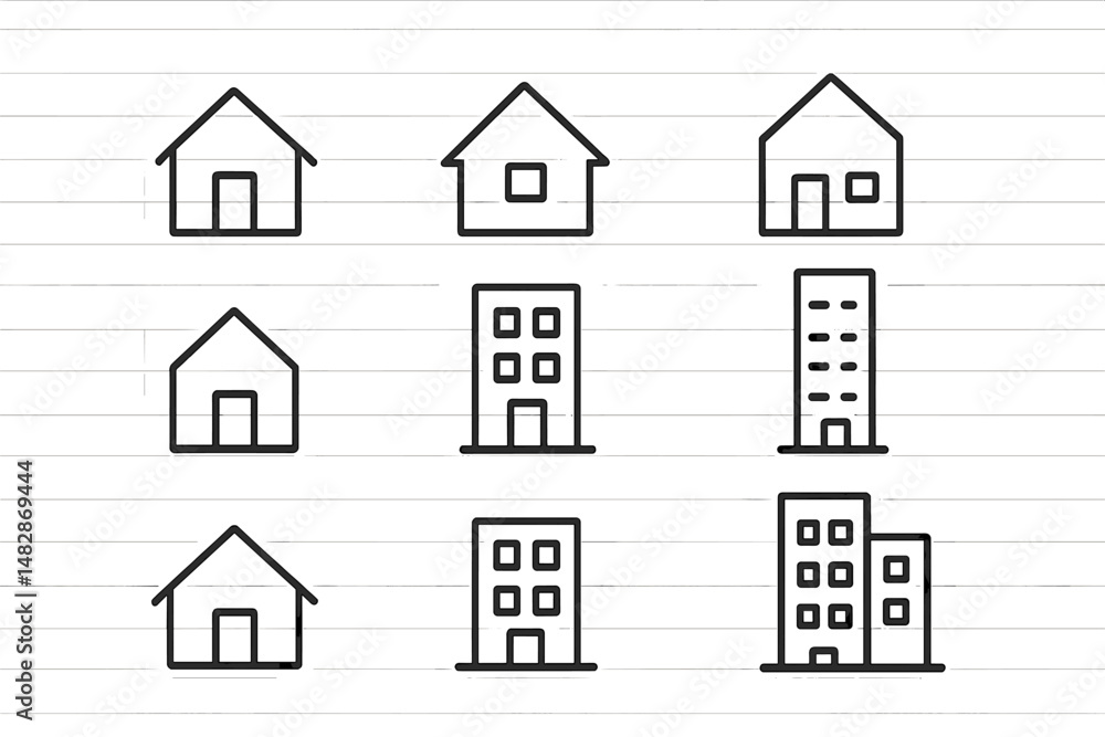 Poster Simple line drawings of various house and building designs on a grid pattern background