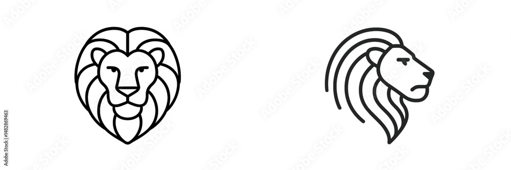 Poster stylized lion head logo designs featuring bold lines and intricate detailing suitable for branding a