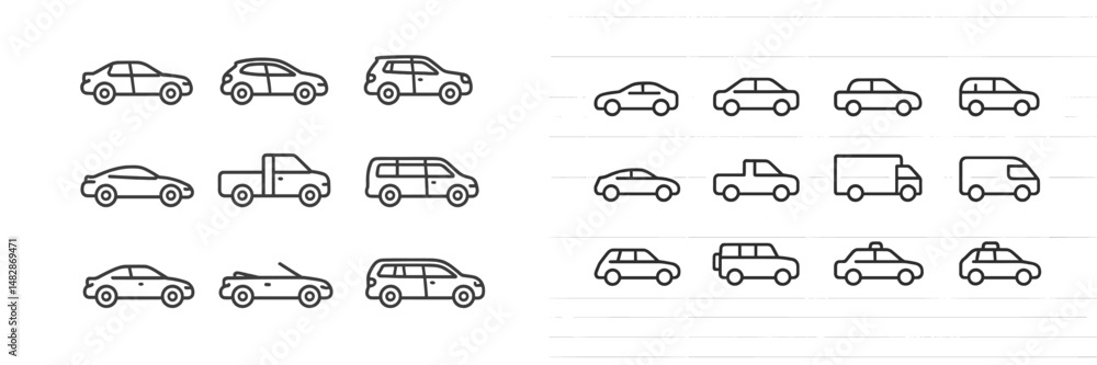 Aufkleber Collection of various vehicle icons drawn in simple lines, showcased in organized rows for design purposes